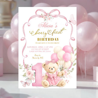 Convites Pink Floral Bow Coquette Beary First Birthday