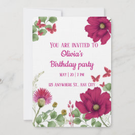 Convites Pink Floral Butterfly  Birthday Invitation