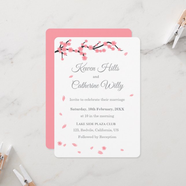 Convites Pink Floral Cherry Blossom Wedding Invitation (Frente/Verso In Situ)