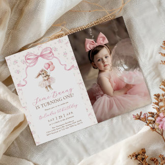 Convites Pink Floral Coquette Bow Bunny 1st Birthday Photo