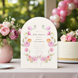 Convites Pink Floral coquette Wreath Baby Shower QR Invite