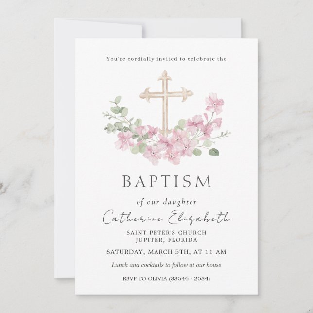 Convites Pink Floral Cross Eucalyptus Leaves Baptism (Frente)