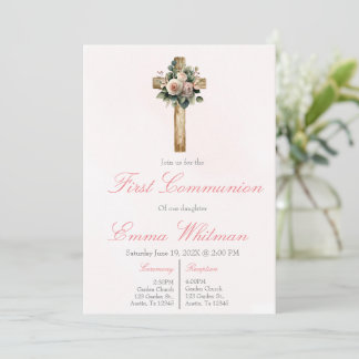 Convites Pink floral cross first communion 
