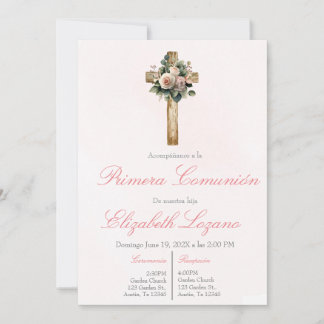 Convites Pink floral cross first communion Spanish 