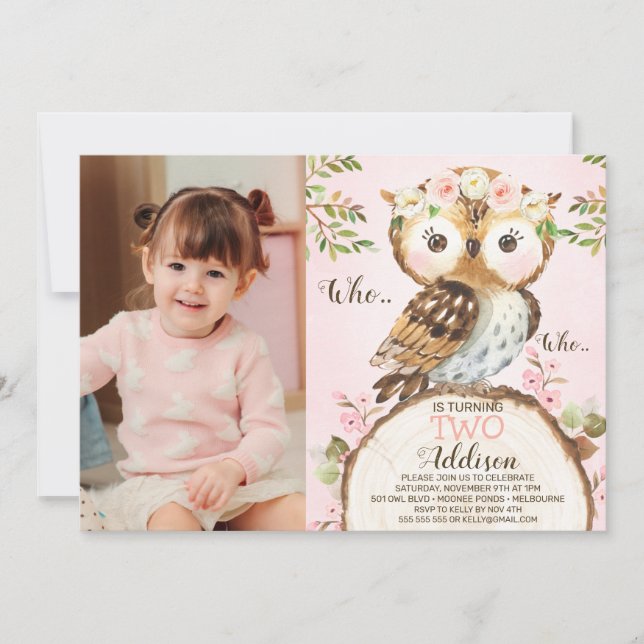 Convites Pink Floral Crown Owl Photo Birthday Invitation (Frente)