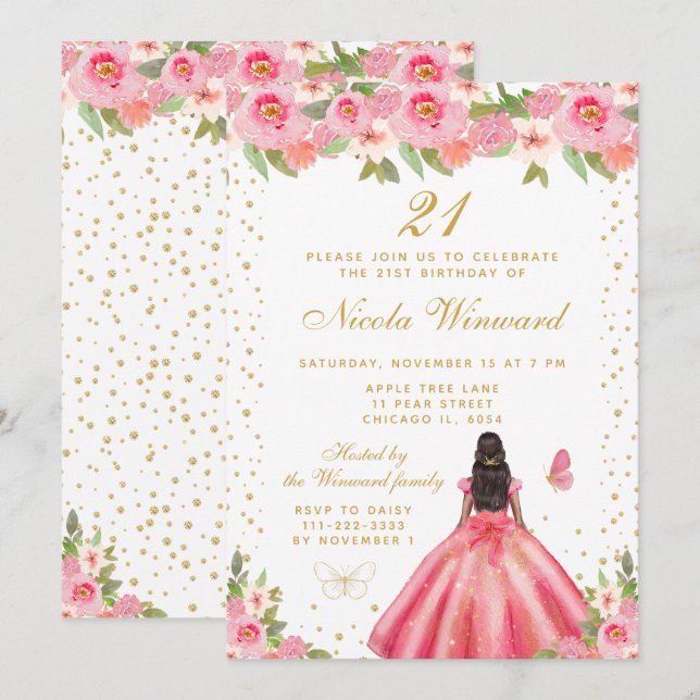 Convites Pink Floral Dark Skin Princess Birthday Party (Frente/Verso)