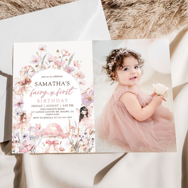 Convites Pink Floral Fairy First Birthday Photo Invitation (Criador carregado)