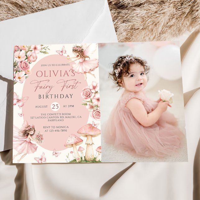 Convites Pink Floral Fairy First Birthday Photo Invitation (Criador carregado)