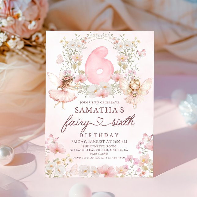 Convites Pink Floral Fairy Garden 6th Birthday Invitation (Criador carregado)