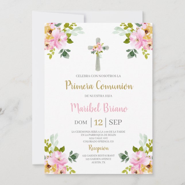 Convites Pink Floral First Communance Espanhol (Frente)