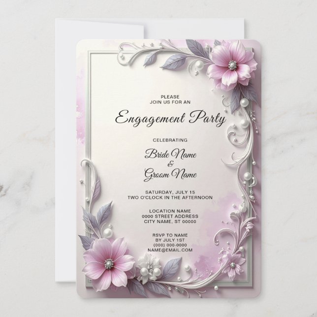 Convites Pink Floral Frame Engagement (Frente)
