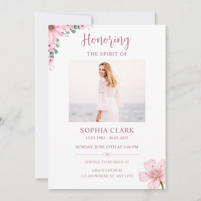 Convites Pink Floral Funeral Invitation Celebration of Life (Frente)