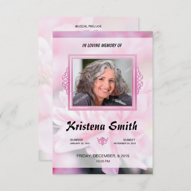 Convites Pink Floral Funeral Program Card Template (Frente/Verso)