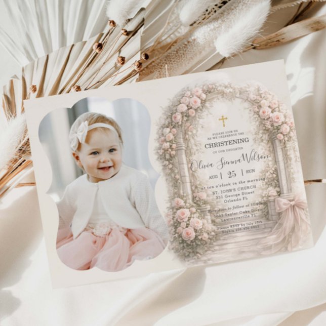 Convites Pink Floral Garden Bow Baptism Christening Photo (Criador carregado)
