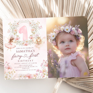 Convites Pink Floral Garden Fairy First Birthday Photo