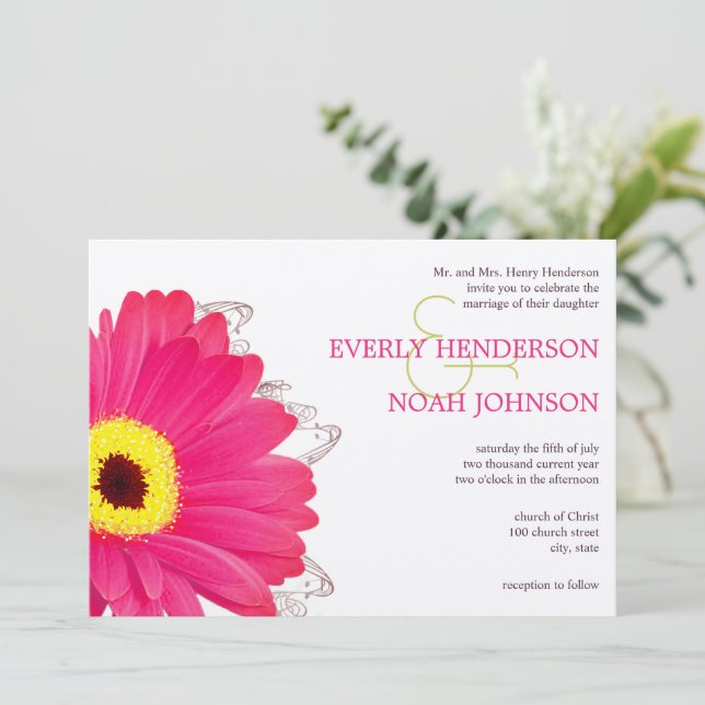 Convites Pink Floral Gerber Daisy Wedding (Em pé/Frente)