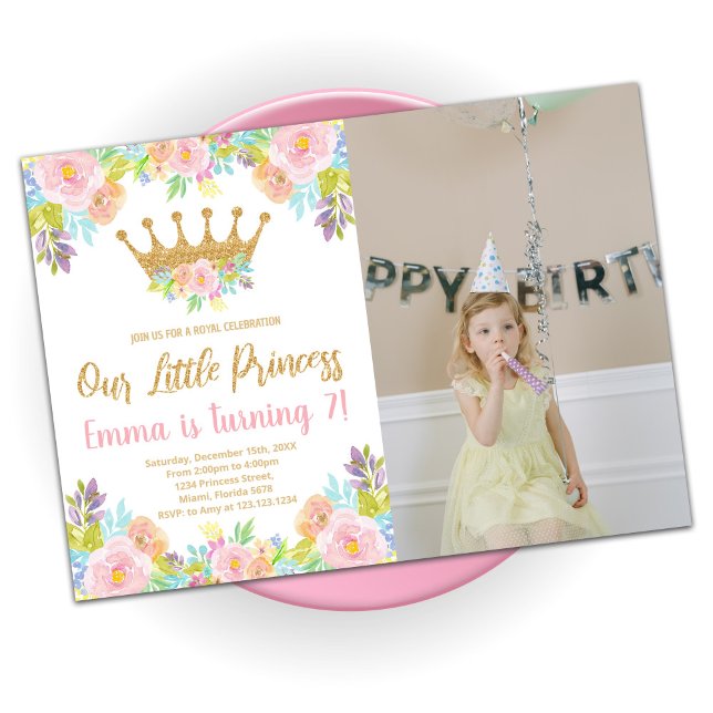 Convites Pink Floral Glitter Princess Birthday Com Foto (Criador carregado)