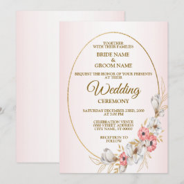 Convites Pink Floral Golden Geometric Peach Wedding