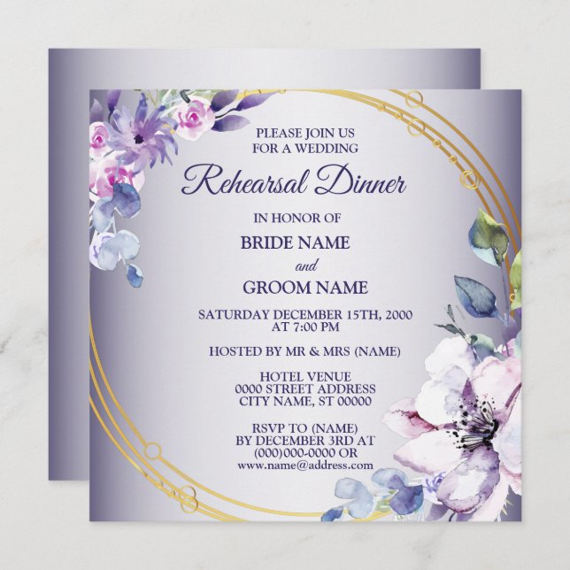Convites Pink Floral Golden Purple Wedding Rehearsal Dinner (Frente/Verso)