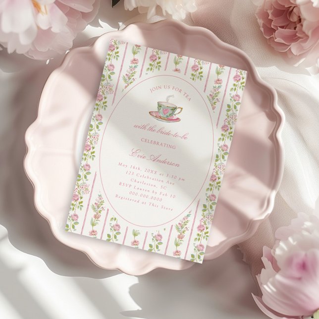 Convites Pink Floral Grandmillennial Bridal Tea Party  (Criador carregado)
