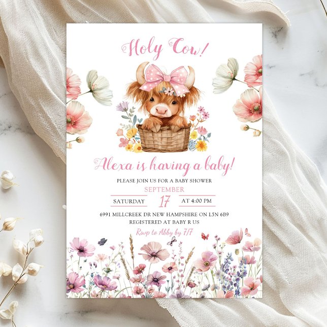 Convites Pink Floral Heifer Bull Baby Shower Invitation (Criador carregado)