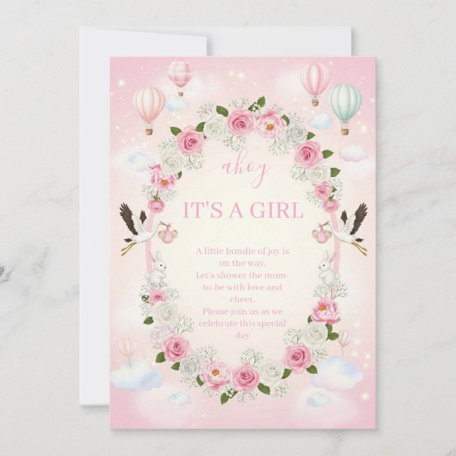 Convites Pink Floral "It's a Girl" Baby Shower Invite  (Frente)