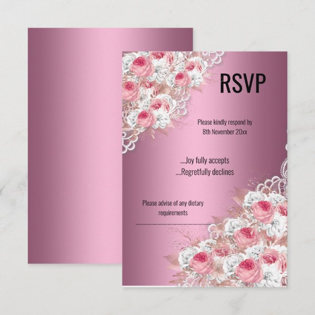 Convites Pink Floral LACE ELEGANT MODERN RSVP (Frente/Verso)
