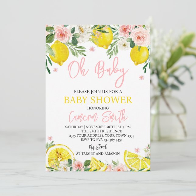 Convites Pink Floral Lemon Baby Shower (Em pé/Frente)