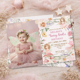 Convites Pink Floral Magical Fairy First Birthday Photo 