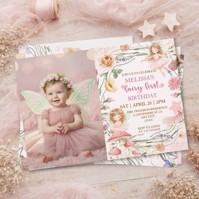 Convites Pink Floral Magical Fairy First Birthday Photo  (Criador carregado)