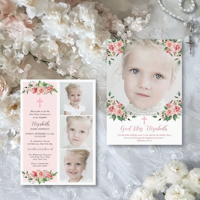 Convites Pink Floral Multifoto Primeira Comunhão para Menin (First Holy Communion invitation for little girls with photo collage and keepsake backer)