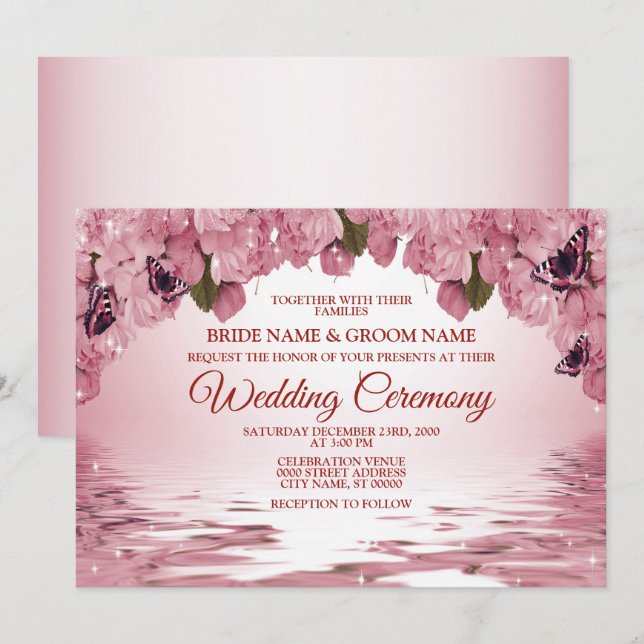 Convites Pink Floral Nature Butterfly Outdoor Wedding (Frente/Verso)
