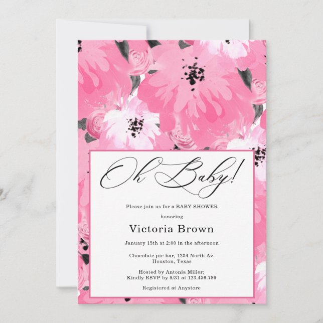Convites Pink Floral Oh Baby Shower Invitation (Frente)
