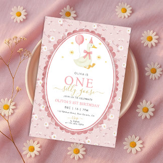 Convites Pink Floral One Silly Goose Girl 1st Birthday