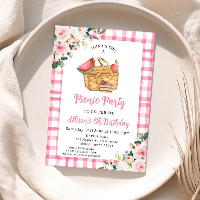 Convites Pink Floral Picnic Basket Picnic Birday (Boho Pink Floral Picnic Birthday Invitation, Pink Gingham Picnic Party Birthday Invite, Basket)