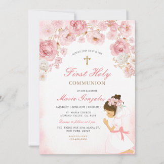 Convites Pink Floral Praying Girl Illustration Gold Cross