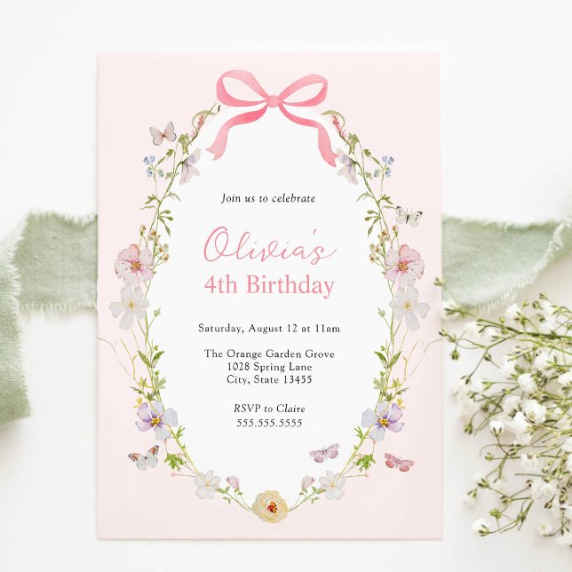 Convites Pink Floral Pretty Bow Birthday Invitation (Criador carregado)