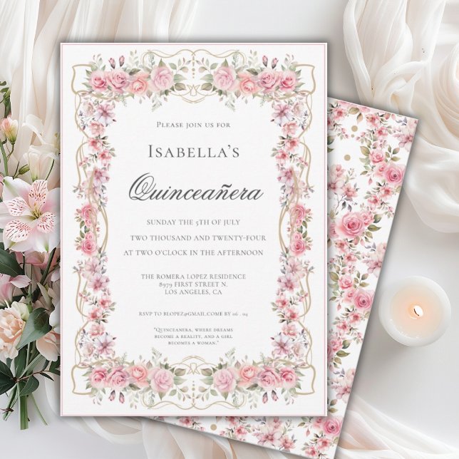 Convites Pink Floral Quinceañera Elegant Celebration 15 (Criador carregado)