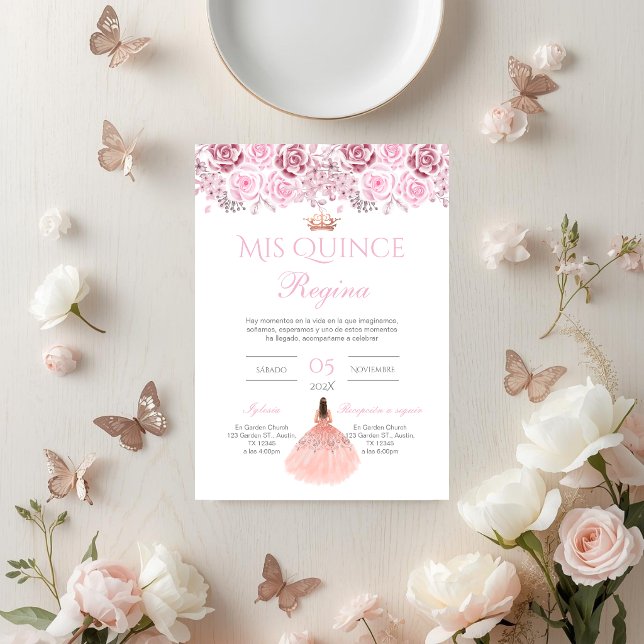 Convites Pink Floral Quinceañera Spanish  (Criador carregado)