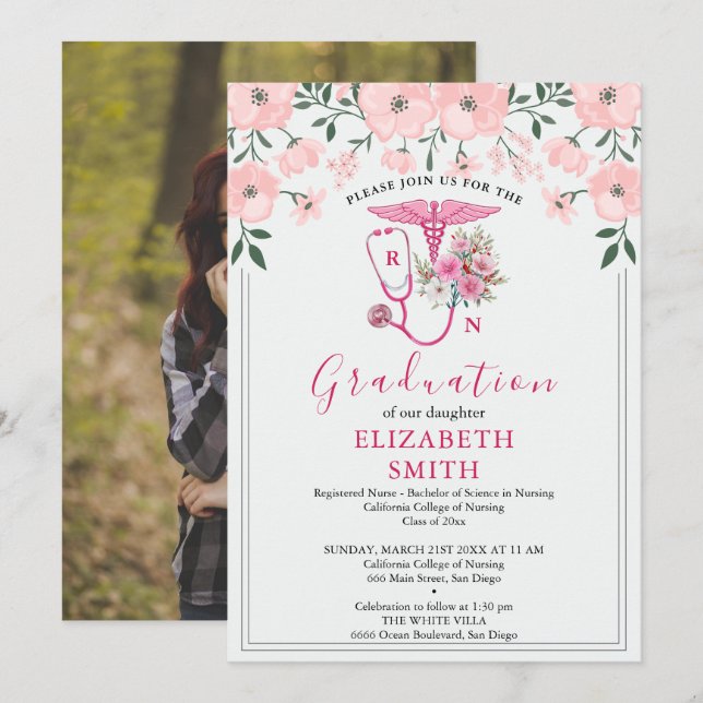 Convites Pink Floral RN Nursing Graduation Invitation | BSN (Frente/Verso)
