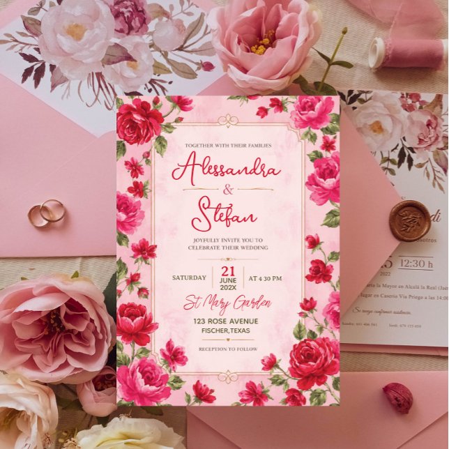 Convites Pink Floral Romantic Rose Elegant Garden  (Criador carregado)