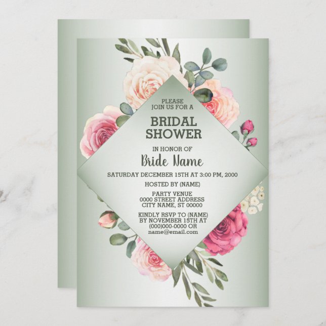 Convites Pink Floral Rustic Geometric Green Bridal Shower (Frente/Verso)