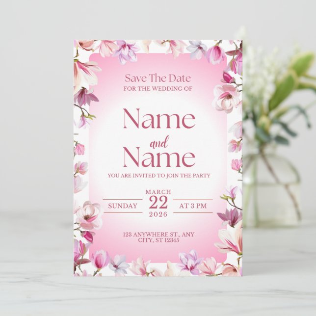 Convites Pink floral save the date wedding invitation  (Em pé/Frente)