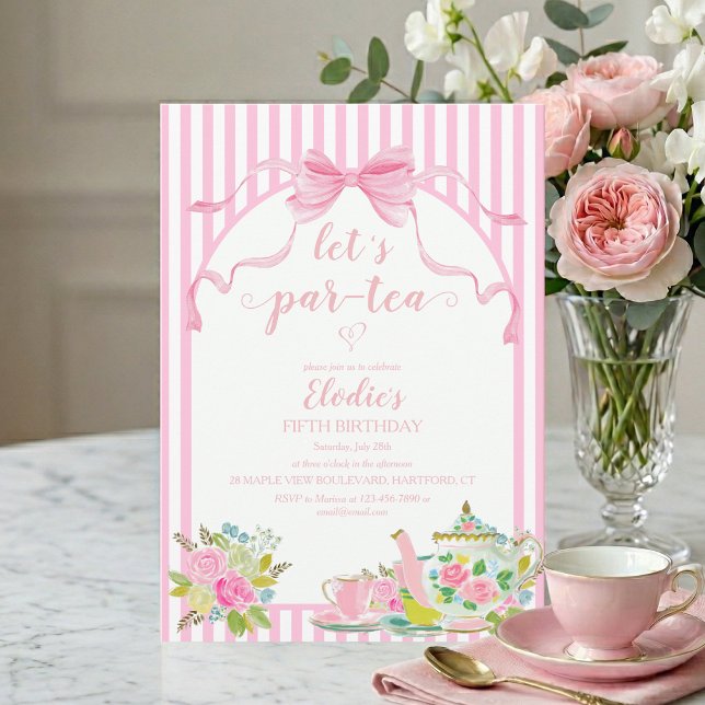 Convites Pink Floral Stripe Let's Par-tea Birthday (lets par-tea pink bow coquette parisian stripe floral girls birthday tea party invitation)