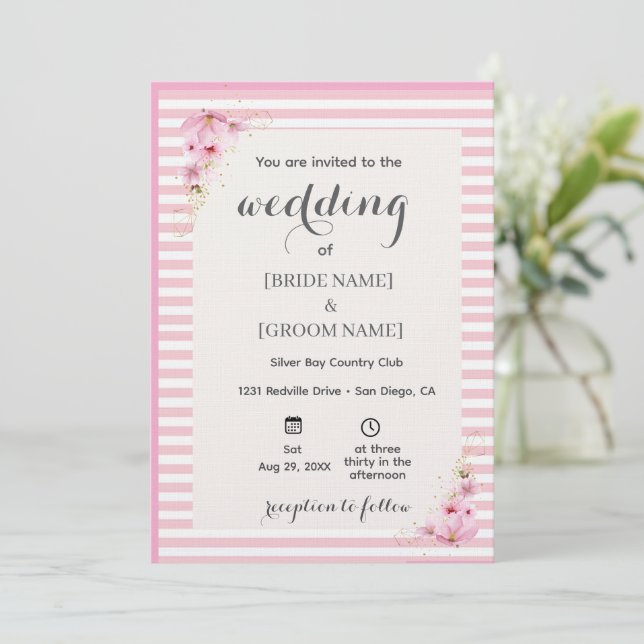 Convites Pink Floral Striped Wedding Invitation (Em pé/Frente)