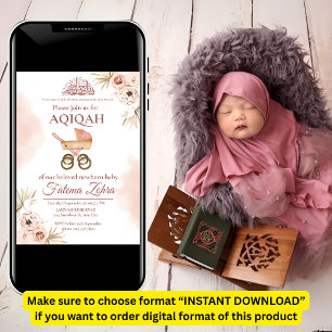 Convites Pink Floral Stroller Baby Girl Muslim Aqiqah