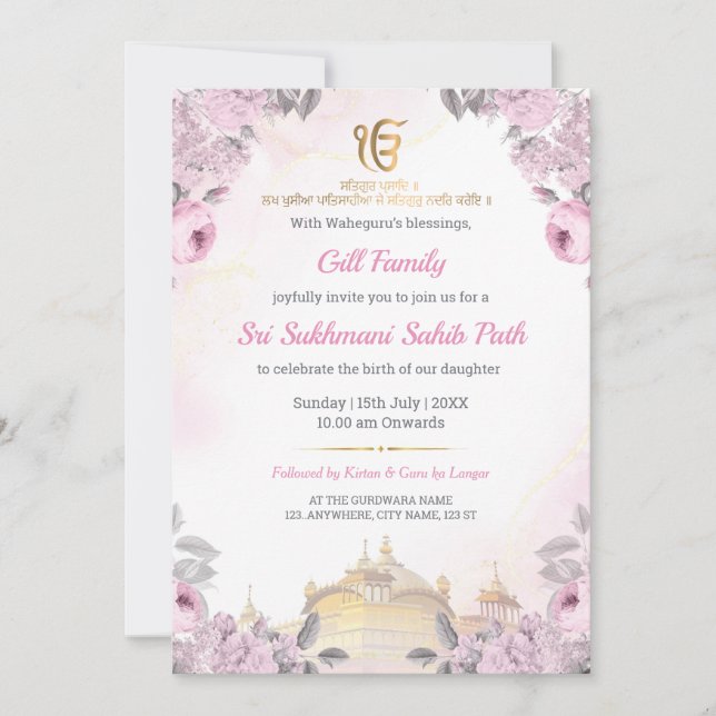 Convites Pink Floral Sukhmani Sahib Path Invitation (Frente)