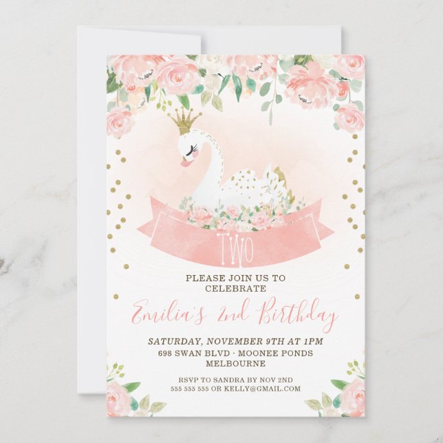 Convites Pink Floral Swan Princesa Aniversário (Frente)