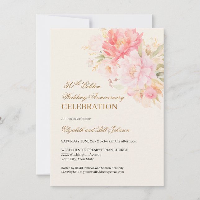 Convites Pink Floral Theme Gold 50th Wedding Anniversary (Frente)