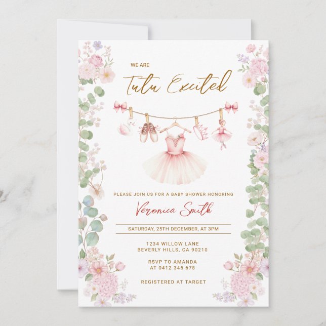 Convites Pink Floral Tutu Excited Ballerina Baby Shower  (Frente)